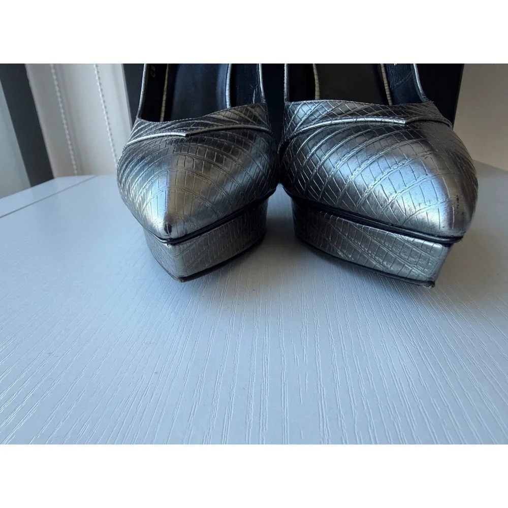Saint Laurent Tejus Croc Embossed Platform Pumps Graphite EU 38.5